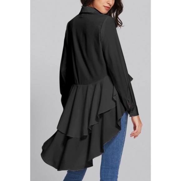 Black High Low Ruffles Hem Button Down Blouse - Picture 2 of 3